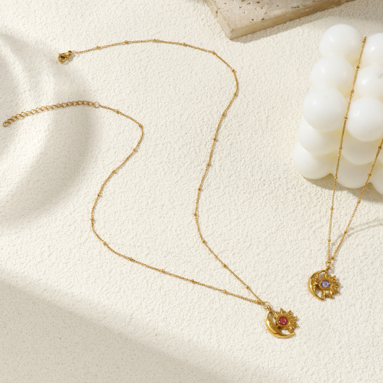 Immagine di 18K Vero Oro Placcato Catena del Barbazzale Sole & Luna Collana con Ciondolo, 304 Acciaio Inossidabile & Strass 45cm + 5cm, Per Donne, Elegante Pietre Nascita Regalo, Placcatura Sottovuoto PVD Ecologica, 1 Pz