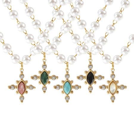 Picture of 18K Real Gold Plated Beaded Chain Cross Pendant Charm Necklace, 304 Stainless Steel & Gemstone 45cm(17.7"), For Women, Clear Rhinestone Acrylic Imitation Pearl, Eco-friendly PVD Vacuum Plating