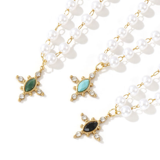 Bild von 18K Echtgold plattiert Perlenkette Kreuz Anhänger Halskette, 304 Edelstahl & Halbedelstein 45cm, Für Frauen, Transparent Strassstein Acryl Imitat Perle, Umweltfreundliche PVD-Vakuumbeschichtung