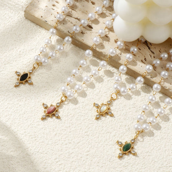 Bild von 18K Echtgold plattiert Perlenkette Kreuz Anhänger Halskette, 304 Edelstahl & Halbedelstein 45cm, Für Frauen, Transparent Strassstein Acryl Imitat Perle, Umweltfreundliche PVD-Vakuumbeschichtung