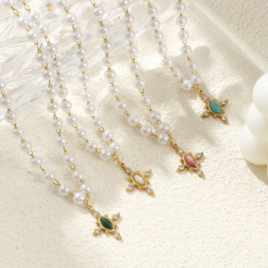 Bild von 18K Echtgold plattiert Perlenkette Kreuz Anhänger Halskette, 304 Edelstahl & Halbedelstein 45cm, Für Frauen, Transparent Strassstein Acryl Imitat Perle, Umweltfreundliche PVD-Vakuumbeschichtung