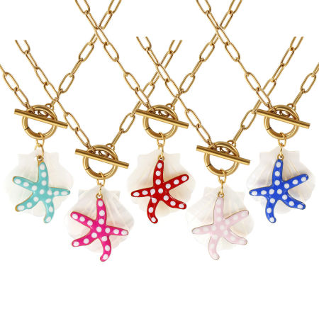 18K Real Gold Plated Paperclip Link Chain Star Fish Pendant Charm Necklace, 304 Stainless Steel & Natural Shell 45cm(17.7"), For Women, Double-sided Enamel, Ocean Jewelry Eco-friendly PVD Vacuum Plating