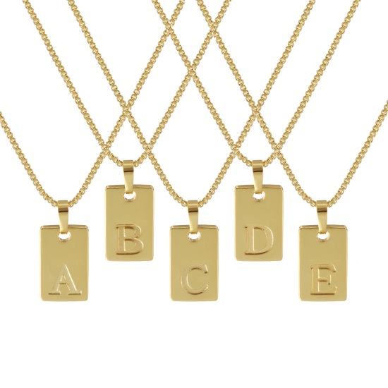 Immagine di 18K Vero Oro Placcato Catena a Casella Rettangolo Collana con Ciondolo, Ottone 45cm + 5cm, Per Donne, Messaggio " A-Z " Minimalista Lettera Maiuscola Regalo, Ecologico, 1 Pz