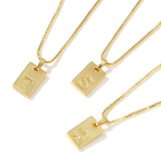 Immagine di 18K Vero Oro Placcato Catena a Casella Rettangolo Collana con Ciondolo, Ottone 45cm + 5cm, Per Donne, Messaggio " A-Z " Minimalista Lettera Maiuscola Regalo, Ecologico, 1 Pz