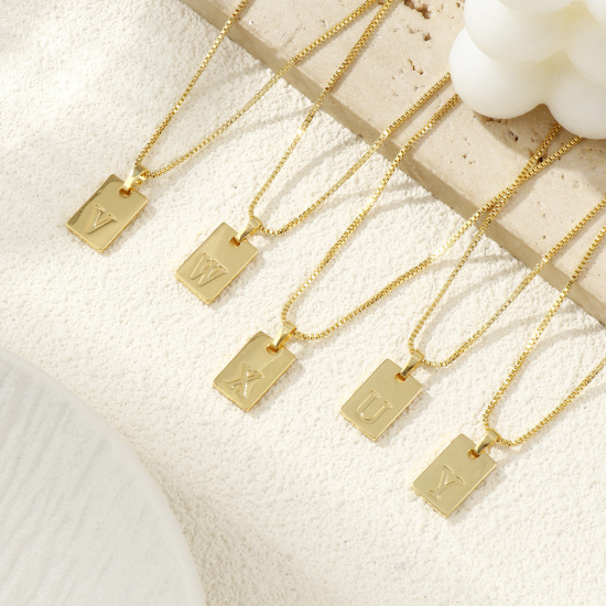 Immagine di 18K Vero Oro Placcato Catena a Casella Rettangolo Collana con Ciondolo, Ottone 45cm + 5cm, Per Donne, Messaggio " A-Z " Minimalista Lettera Maiuscola Regalo, Ecologico, 1 Pz