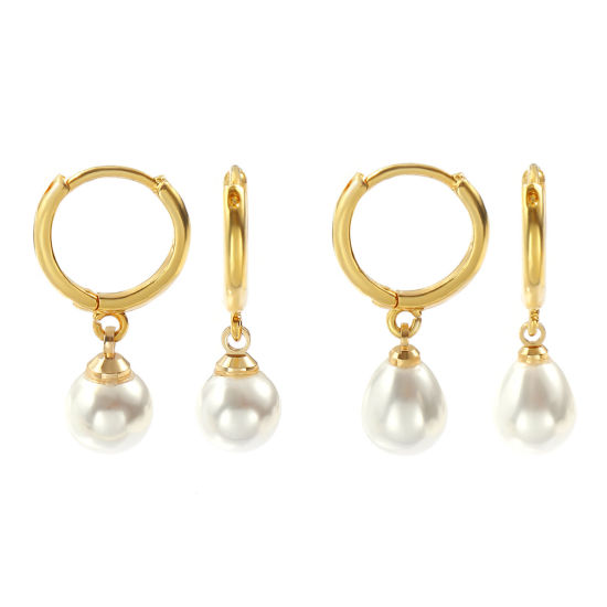 1 ペア エコフレンドリー 雅びやか エレガント 素敵 18Kリアルゴールドメッキ 白 真鍮 アクリル模造真珠 イヤリング 女性のため プレゼント の画像