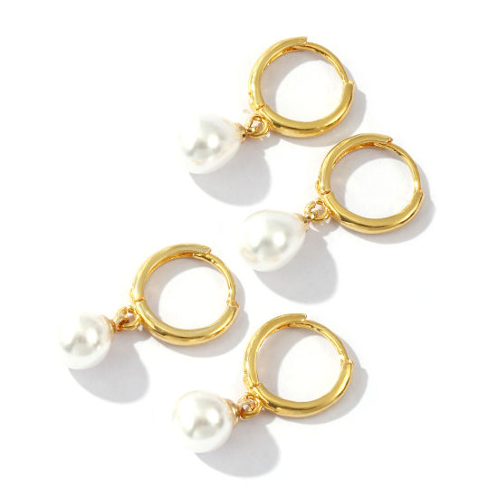 1 ペア エコフレンドリー 雅びやか エレガント 素敵 18Kリアルゴールドメッキ 白 真鍮 アクリル模造真珠 イヤリング 女性のため プレゼント の画像