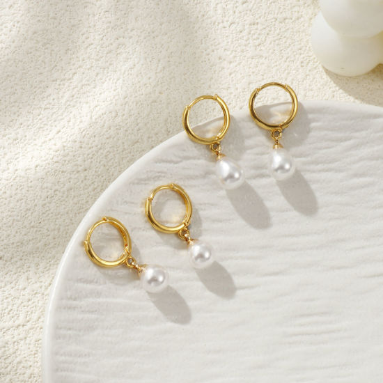 1 ペア エコフレンドリー 雅びやか エレガント 素敵 18Kリアルゴールドメッキ 白 真鍮 アクリル模造真珠 イヤリング 女性のため プレゼント の画像