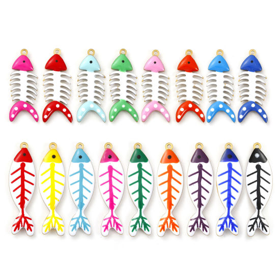 Immagine di 2 Pz Placcatura Sottovuoto PVD Ecologica 304 Acciaio Inossidabile Gioielli Oceanici Ciondoli Pendenti Placcato Oro 18K Osso di Pesce Smalto a Doppia Faccia