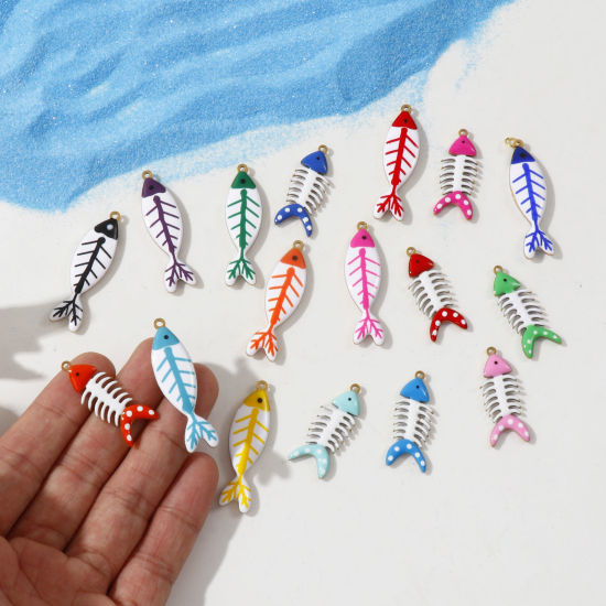 Immagine di 2 Pz Placcatura Sottovuoto PVD Ecologica 304 Acciaio Inossidabile Gioielli Oceanici Ciondoli Pendenti Placcato Oro 18K Osso di Pesce Smalto a Doppia Faccia