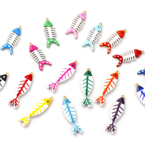 Immagine di 2 Pz Placcatura Sottovuoto PVD Ecologica 304 Acciaio Inossidabile Gioielli Oceanici Ciondoli Pendenti Placcato Oro 18K Osso di Pesce Smalto a Doppia Faccia