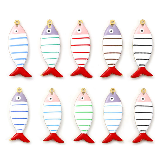 Immagine di 2 Pz Placcatura Sottovuoto PVD Ecologica 304 Acciaio Inossidabile Gioielli Oceanici Ciondoli Pendenti Placcato Oro 18K Pesce Striscia Smalto a Doppia Faccia 4cm x 1.5cm