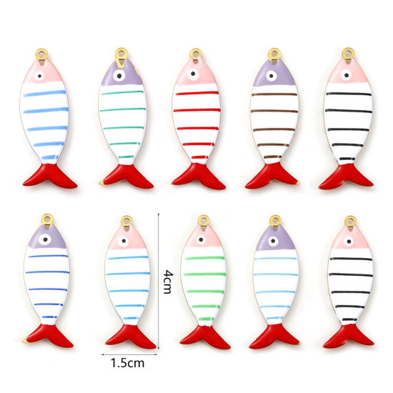 Immagine di 2 Pz Placcatura Sottovuoto PVD Ecologica 304 Acciaio Inossidabile Gioielli Oceanici Ciondoli Pendenti Placcato Oro 18K Pesce Striscia Smalto a Doppia Faccia 4cm x 1.5cm