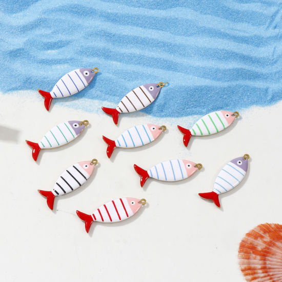 Immagine di 2 Pz Placcatura Sottovuoto PVD Ecologica 304 Acciaio Inossidabile Gioielli Oceanici Ciondoli Pendenti Placcato Oro 18K Pesce Striscia Smalto a Doppia Faccia 4cm x 1.5cm