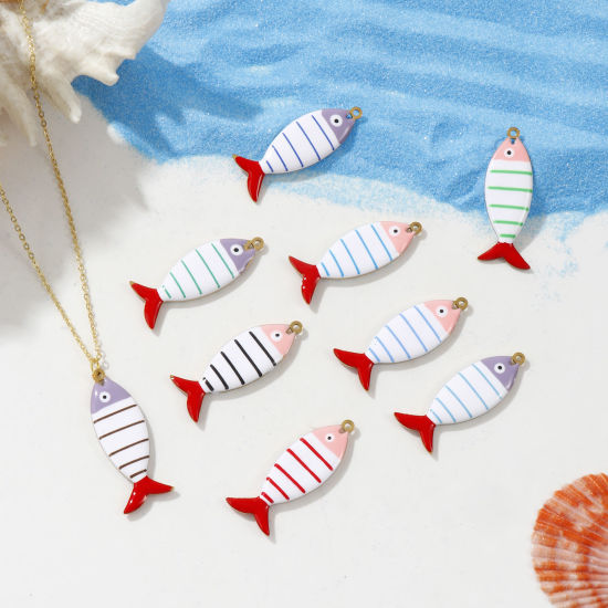 Immagine di 2 Pz Placcatura Sottovuoto PVD Ecologica 304 Acciaio Inossidabile Gioielli Oceanici Ciondoli Pendenti Placcato Oro 18K Pesce Striscia Smalto a Doppia Faccia 4cm x 1.5cm