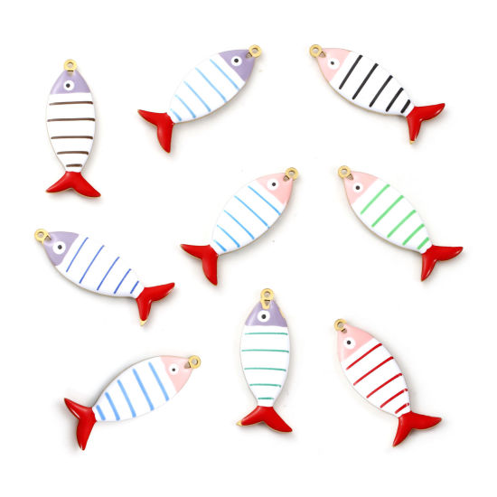 Immagine di 2 Pz Placcatura Sottovuoto PVD Ecologica 304 Acciaio Inossidabile Gioielli Oceanici Ciondoli Pendenti Placcato Oro 18K Pesce Striscia Smalto a Doppia Faccia 4cm x 1.5cm