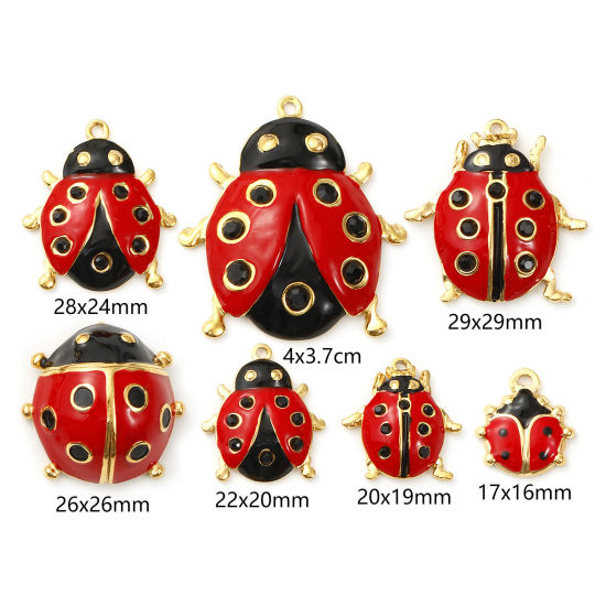 Immagine di 1 Pz Placcatura Sottovuoto PVD Ecologica 304 Acciaio Inossidabile Ciondoli Pendenti 18K Vero Oro Placcato Rosso Smalto Coccinella Nero Strass