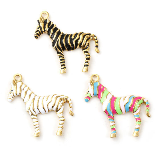 Picture of Eco-friendly PVD Vacuum Plating 304 Stainless Steel Pendants 18K Real Gold Plated Enamel Horse Animal Stripe 4.3cm x 4.2cm