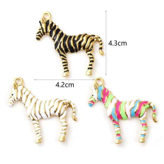 Picture of Eco-friendly PVD Vacuum Plating 304 Stainless Steel Pendants 18K Real Gold Plated Enamel Horse Animal Stripe 4.3cm x 4.2cm