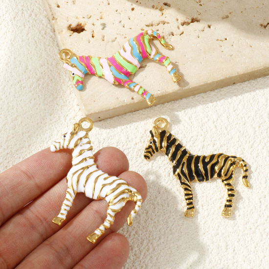 Picture of Eco-friendly PVD Vacuum Plating 304 Stainless Steel Pendants 18K Real Gold Plated Enamel Horse Animal Stripe 4.3cm x 4.2cm