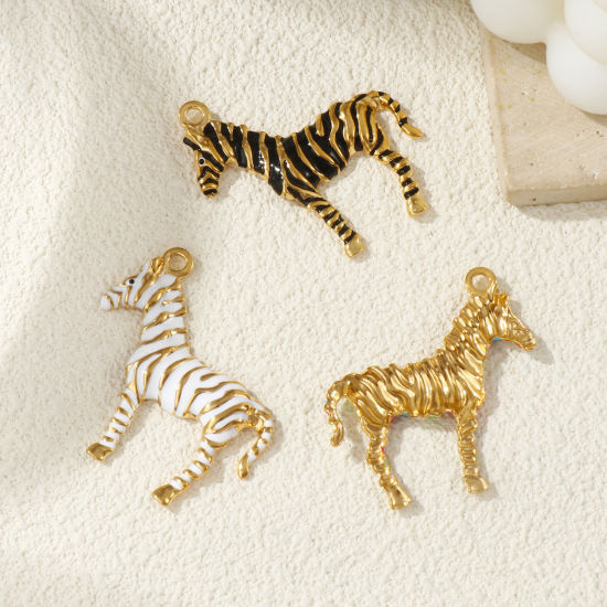 Picture of Eco-friendly PVD Vacuum Plating 304 Stainless Steel Pendants 18K Real Gold Plated Enamel Horse Animal Stripe 4.3cm x 4.2cm