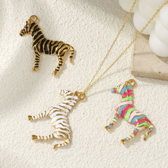 Picture of Eco-friendly PVD Vacuum Plating 304 Stainless Steel Pendants 18K Real Gold Plated Enamel Horse Animal Stripe 4.3cm x 4.2cm