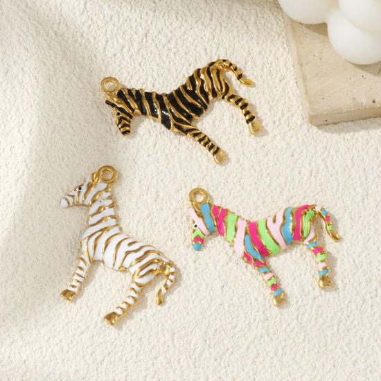Picture of Eco-friendly PVD Vacuum Plating 304 Stainless Steel Pendants 18K Real Gold Plated Enamel Horse Animal Stripe 4.3cm x 4.2cm
