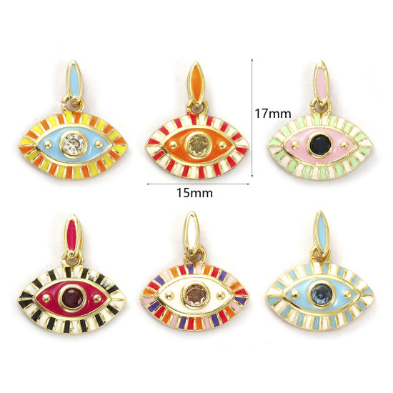 Immagine di 1 Pz Ecologico Ottone + Zircone Cubico Ciondoli 18K Vero Oro Placcato Smalto Occhi 17mm x 15mm