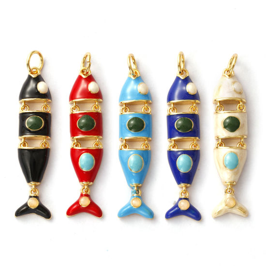 Immagine di 1 Pz Ecologico Ottone Gioielli Oceanici Ciondoli Pendenti 18K Vero Oro Placcato Smalto Pesce Mobile 3.6cm x 0.8cm