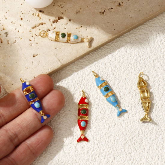 Immagine di 1 Pz Ecologico Ottone Gioielli Oceanici Ciondoli Pendenti 18K Vero Oro Placcato Smalto Pesce Mobile 3.6cm x 0.8cm
