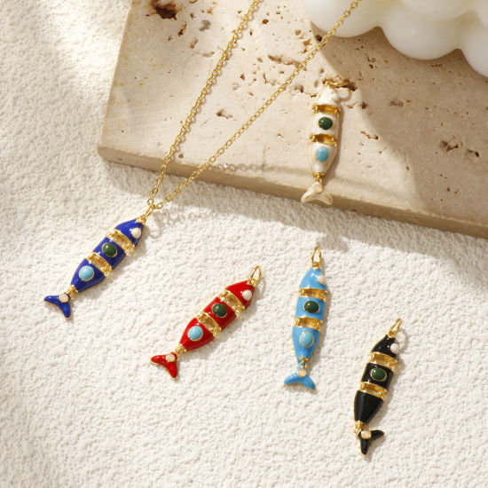 Immagine di 1 Pz Ecologico Ottone Gioielli Oceanici Ciondoli Pendenti 18K Vero Oro Placcato Smalto Pesce Mobile 3.6cm x 0.8cm