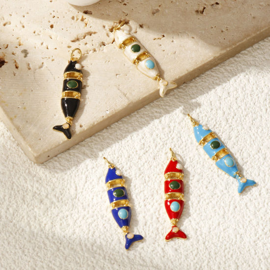 Immagine di 1 Pz Ecologico Ottone Gioielli Oceanici Ciondoli Pendenti 18K Vero Oro Placcato Smalto Pesce Mobile 3.6cm x 0.8cm