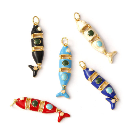 Immagine di 1 Pz Ecologico Ottone Gioielli Oceanici Ciondoli Pendenti 18K Vero Oro Placcato Smalto Pesce Mobile 3.6cm x 0.8cm