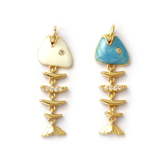 Изображение 1 ШТ Экологичный Латунь Морские Украшения Подвески 18K настоящее золото с покрытием С Эмалью Рыбьи Кости подвижный Прозрачный Искусственный Циркон 3.1см x 1см