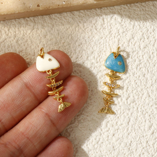 Изображение 1 ШТ Экологичный Латунь Морские Украшения Подвески 18K настоящее золото с покрытием С Эмалью Рыбьи Кости подвижный Прозрачный Искусственный Циркон 3.1см x 1см