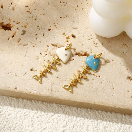 Изображение 1 ШТ Экологичный Латунь Морские Украшения Подвески 18K настоящее золото с покрытием С Эмалью Рыбьи Кости подвижный Прозрачный Искусственный Циркон 3.1см x 1см