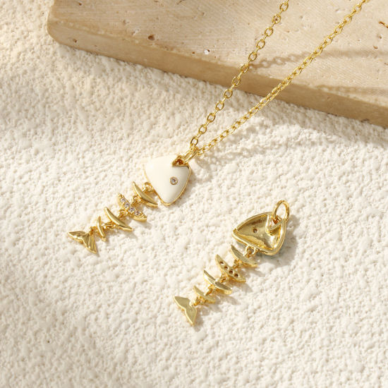 Изображение 1 ШТ Экологичный Латунь Морские Украшения Подвески 18K настоящее золото с покрытием С Эмалью Рыбьи Кости подвижный Прозрачный Искусственный Циркон 3.1см x 1см