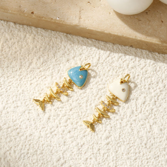 Изображение 1 ШТ Экологичный Латунь Морские Украшения Подвески 18K настоящее золото с покрытием С Эмалью Рыбьи Кости подвижный Прозрачный Искусственный Циркон 3.1см x 1см