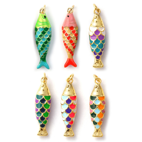 Immagine di 1 Pz Ecologico Ottone Gioielli Oceanici Ciondoli Pendenti 18K Vero Oro Placcato Multicolore Smalto Pesce 3D 3.2cm x 0.8cm