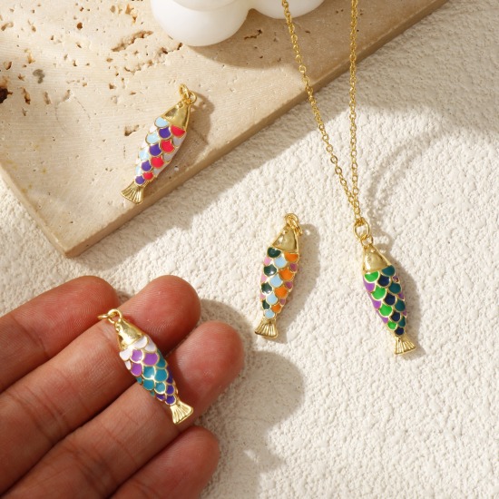 Immagine di 1 Pz Ecologico Ottone Gioielli Oceanici Ciondoli Pendenti 18K Vero Oro Placcato Multicolore Smalto Pesce 3D 3.2cm x 0.8cm