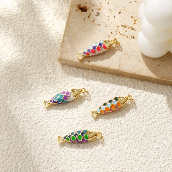 Immagine di 1 Pz Ecologico Ottone Gioielli Oceanici Ciondoli Pendenti 18K Vero Oro Placcato Multicolore Smalto Pesce 3D 3.2cm x 0.8cm