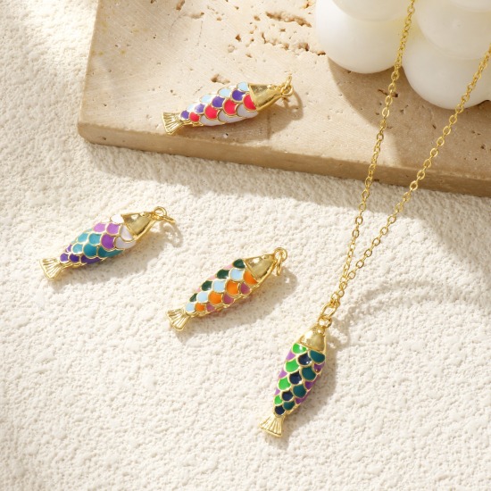 Immagine di 1 Pz Ecologico Ottone Gioielli Oceanici Ciondoli Pendenti 18K Vero Oro Placcato Multicolore Smalto Pesce 3D 3.2cm x 0.8cm