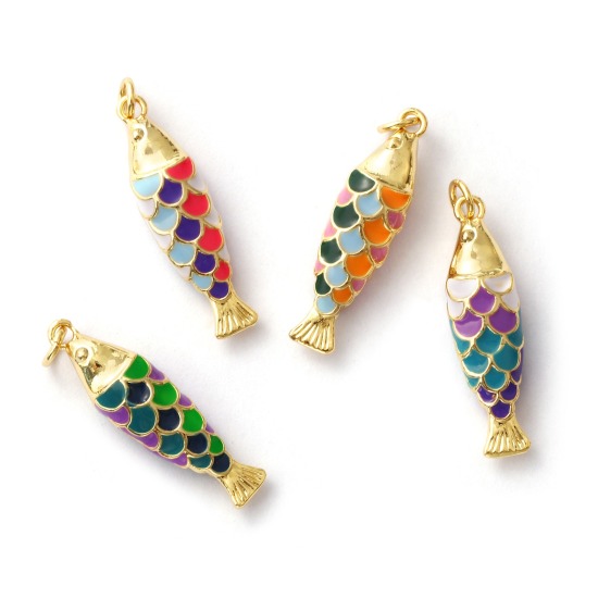 Immagine di 1 Pz Ecologico Ottone Gioielli Oceanici Ciondoli Pendenti 18K Vero Oro Placcato Multicolore Smalto Pesce 3D 3.2cm x 0.8cm