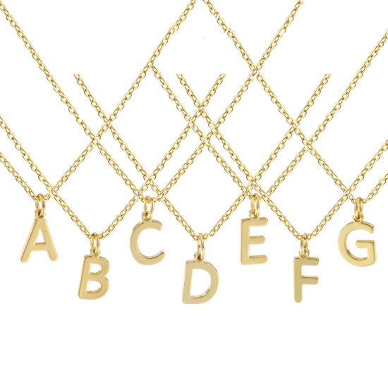 Immagine di 18K Vero Oro Placcato Catena a Cavo Collana con Ciondolo, Ottone 45cm + 5cm, Per Donne, Messaggio " A-Z " Minimalista Lettera Maiuscola Regalo, Ecologico, 1 Pz