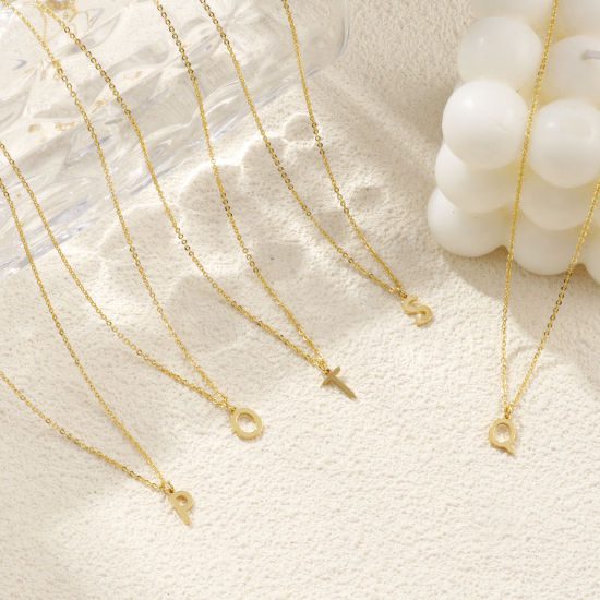 Immagine di 18K Vero Oro Placcato Catena a Cavo Collana con Ciondolo, Ottone 45cm + 5cm, Per Donne, Messaggio " A-Z " Minimalista Lettera Maiuscola Regalo, Ecologico, 1 Pz