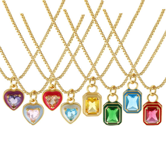 Immagine di 18K Vero Oro Placcato Catena a Casella Collana con Ciondolo, Ottone & Vetro 45cm + 5cm, Per Donne, Smalto Minimalista Squisito Regalo, Ecologico, 1 Pz