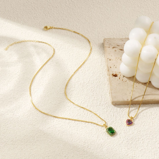 Immagine di 18K Vero Oro Placcato Catena a Casella Collana con Ciondolo, Ottone & Vetro 45cm + 5cm, Per Donne, Smalto Minimalista Squisito Regalo, Ecologico, 1 Pz