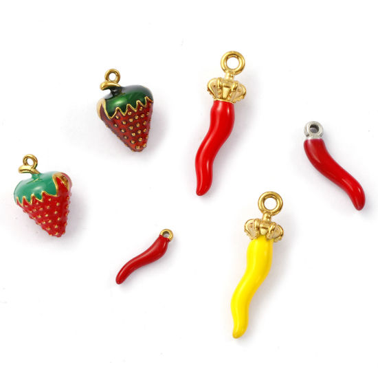 Immagine di 2 Pz Ecologico 304 Acciaio Inossidabile Ciondoli Multicolore Smalto Peperone Fragola 3D