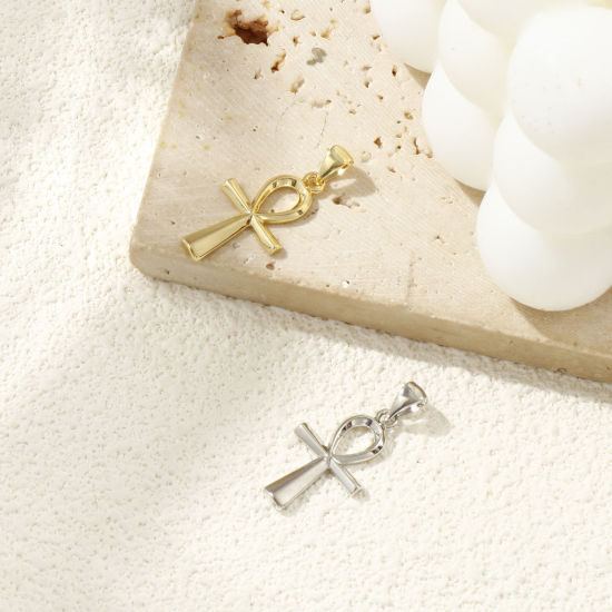 Immagine di 2 Pz Ecologico Ottone Religione Ciondoli Pendenti Vero Oro Placcato Croce Egiziana Filigrana 28mm x 13mm