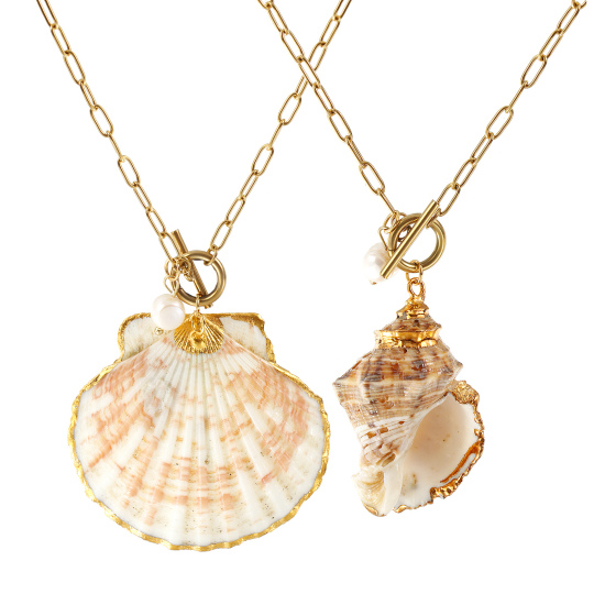 Immagine di 18K Vero Oro Placcato Catena a Graffetta Collana con Ciondolo, 304 Acciaio Inossidabile & Conchiglie Naturali 45cm, Per Donne, Naturale Elegante Casuale Regalo, Placcatura Sottovuoto PVD Ecologica, 1 Pz